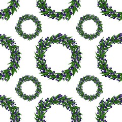 Seamless pattern with floral ornament. Colorful pattern with green leaves and blue small berries. For printing on fabrics, textiles, wallpaper, gift boxes, wrapping paper, clothes.