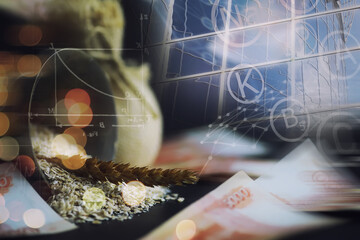 The concept of the cost of grain. 5000 ruble banknotes around a handful of ground grain. World...