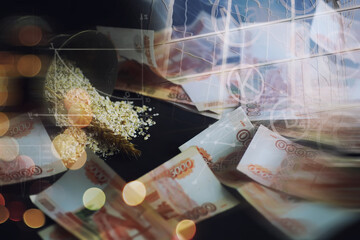 The concept of the cost of grain. 5000 ruble banknotes around a handful of ground grain. World hunger.