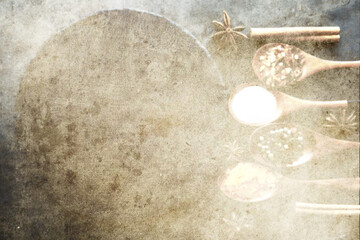 Culinary background. A sheet of paper with a transparent pattern of wooden spoons with spices and seasonings.