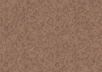Hand-drawn unique abstract symmetrical seamless ornament. Hearts and ribbons. Brown on a light brown background. Paper texture. Digital artwork, A4. (pattern: pv01b)