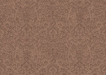 Hand-drawn unique abstract symmetrical seamless ornament. Hearts and ribbons. Brown on a light brown background. Paper texture. Digital artwork, A4. (pattern: pv02b)