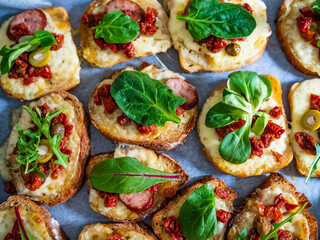 Tasty sandwiches - baked bread with sausage, cheese, sun dried tomatoes and greens on wooden table
