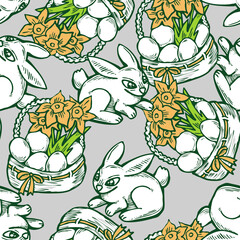 Easter seamless pattern with flowers, eggs, basket, spring decorative elements. Hand drawn illustration for textile print, fabric design, party decoration, scrapbooking, wallpaper and wrapping.
