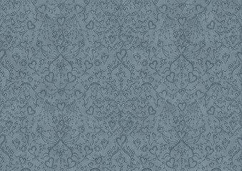 Hand-drawn unique abstract symmetrical seamless ornament. Hearts and ribbons. Dark blue on a light blue background. Paper texture. Digital artwork, A4. (pattern: pv02b)