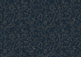 Hand-drawn unique abstract symmetrical seamless gold ornament on a deep blue background. Hearts and ribbons. Paper texture. Digital artwork, A4. (pattern: pv01b)