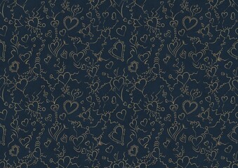 Hand-drawn unique abstract symmetrical seamless gold ornament on a deep blue background. Hearts and ribbons. Paper texture. Digital artwork, A4. (pattern: pv01b)