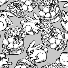 Easter seamless pattern with flowers, eggs, basket, spring decorative elements. Hand drawn illustration for textile print, fabric design, party decoration, scrapbooking, wallpaper and wrapping.