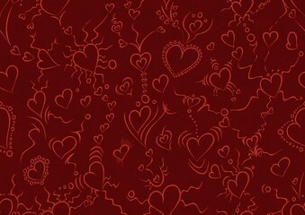 Hand-drawn unique abstract symmetrical seamless ornament. Hearts and ribbons. Bright red on a deep red background. Paper texture. Digital artwork, A4. (pattern: pv01a)
