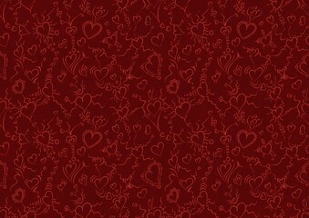 Hand-drawn unique abstract symmetrical seamless ornament. Hearts and ribbons. Bright red on a deep red background. Paper texture. Digital artwork, A4. (pattern: pv01b)