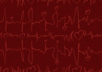 Hand-drawn unique abstract symmetrical seamless ornament. Hearts and ribbons in cardiogram style. Bright red on a deep red background. Paper texture. Digital artwork, A4. (pattern: pv03a)