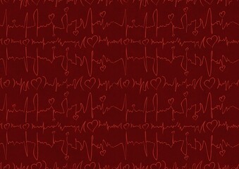 Hand-drawn unique abstract symmetrical seamless ornament. Hearts and ribbons in cardiogram style. Bright red on a deep red background. Paper texture. Digital artwork, A4. (pattern: pv03b)