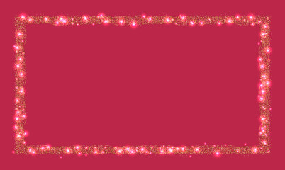 Horizontal rectangle glitter Golden frame viva magenta background. Dust particles in the form of a rectangular frame.Vector illustration