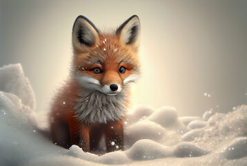 cute red fox baby cartoon dreamlike in snow, winter, Generative AI.