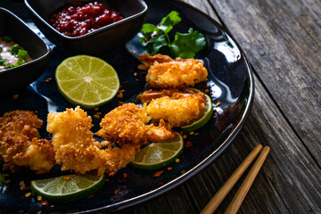 Fried panko prawns with lime, coriander and sauces wooden table 