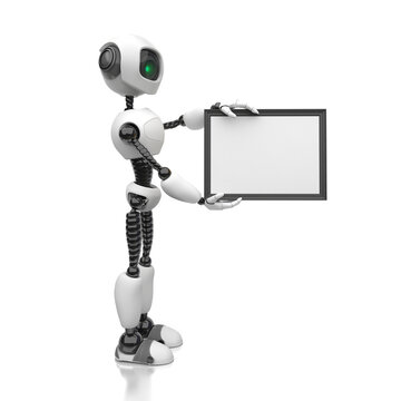 A humanoid robot holds a blank white sheet in a black frame on a white background. Future concept with smart robotics and artificial intelligence. 3D illustration with copy space.