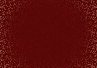 Hand-drawn ornament. Hearts and ribbons. Light red on a deep red background, with vignette of same pattern in golden glitter. Paper texture. Digital artwork, A4. (pattern: pv02b)