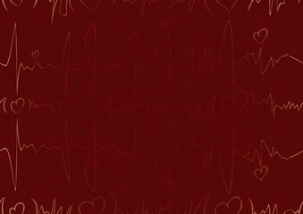 Hand-drawn ornament. Hearts and ribbons in cardiogram style. Light red on a deep red background, with vignette of same pattern in golden glitter. Paper texture. Digital artwork, A4. (pattern: pv03a)