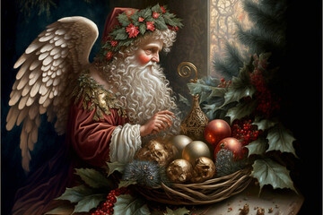 Fototapeta premium vintage Little bird dressed up Santa Claus as Christmas festive background,illustration.