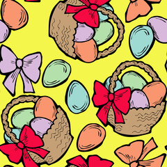 Easter seamless pattern with flowers, eggs, basket, spring decorative elements. Hand drawn illustration for textile print, fabric design, party decoration, scrapbooking, wallpaper and wrapping.