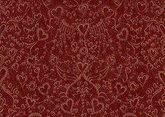 Hand-drawn unique abstract symmetrical seamless gold ornament and splatters of golden glitter on a deep red background. Hearts and ribbons. Paper texture. Digital artwork, A4. (pattern: pv02a)