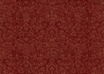Hand-drawn unique abstract symmetrical seamless gold ornament and splatters of golden glitter on a deep red background. Hearts and ribbons. Paper texture. Digital artwork, A4. (pattern: pv02b)