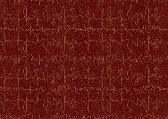 Hand-drawn unique symmetrical seamless gold ornament and splatters of golden glitter on a deep red background. Hearts and ribbons in cardiogram style. Paper texture. Digital artwork, A4. (pv03b)