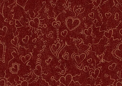 Hand-drawn unique abstract symmetrical seamless gold ornament and splatters of golden glitter on a deep red background. Hearts and ribbons. Paper texture. Digital artwork, A4. (pattern: pv01a)