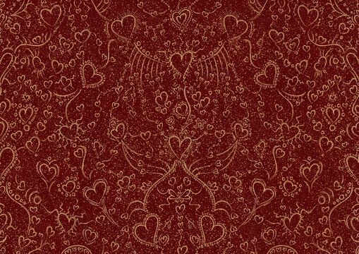 Hand-drawn unique abstract symmetrical seamless gold ornament and splatters of golden glitter on a deep red background. Hearts and ribbons. Paper texture. Digital artwork, A4. (pattern: pv02a)