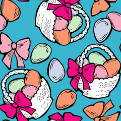 Easter seamless pattern with flowers, eggs, basket, spring decorative elements. Hand drawn illustration for textile print, fabric design, party decoration, scrapbooking, wallpaper and wrapping.