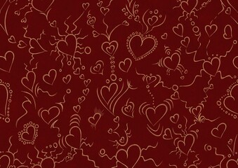 Hand-drawn unique abstract symmetrical seamless gold ornament on a deep red background. Hearts and ribbons. Paper texture. Digital artwork, A4. (pattern: pv01a)