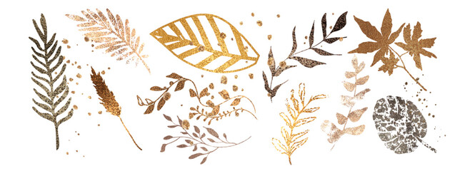 Big hand drawn colorful gold plant set - universally usable. Botanical, chic and trendy plants. Hand drawn lines, elegant leaves for your own design. Flower branch and minimalistic modern plants.