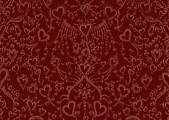 Hand-drawn unique abstract symmetrical seamless gold ornament on a deep red background. Hearts and ribbons. Paper texture. Digital artwork, A4. (pattern: pv02a)
