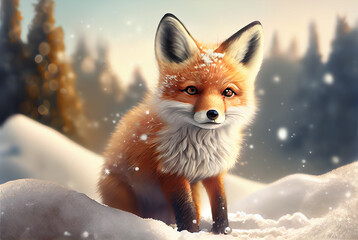 cute red fox baby in snow, winter, Generative AI.