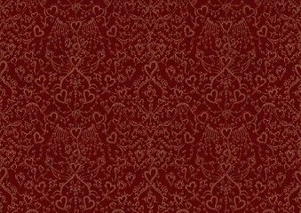 Hand-drawn unique abstract symmetrical seamless gold ornament on a deep red background. Hearts and ribbons. Paper texture. Digital artwork, A4. (pattern: pv02b)