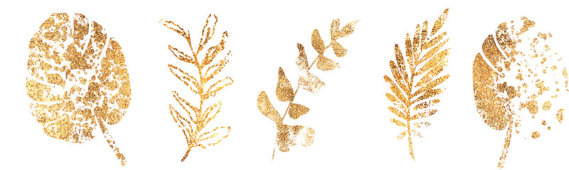 Big hand drawn colorful gold plant set - universally usable. Botanical, chic and trendy plants. Hand drawn lines, elegant leaves for your own design. Flower branch and minimalistic modern plants.