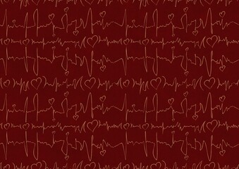 Hand-drawn unique abstract symmetrical seamless gold ornament on a deep red background. Hearts and ribbons in cardiogram style. Paper texture. Digital artwork, A4. (pattern: pv03b)