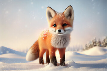 Cute fox baby in winter snow, fantasy, generative ai
