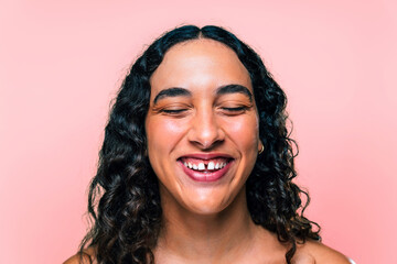 Beauty studio portrait of beautiful young woman with diastema - Confident and interesting female...