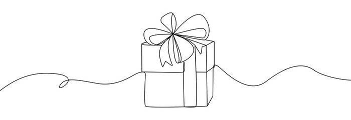 Gift box one line drawing. Continuous one line gift box.Presents with ribbon bow.Hand drawn greeting present box.Line art christmas surprise.