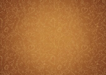 Hand-drawn gold ornament on a yellow background, with vignette of darker background color and splatters of golden glitter. Hearts and ribbons. Paper texture. Digital artwork, A4. (pattern: pv01b)