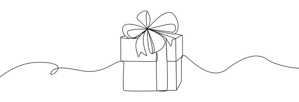 Gift box one line drawing. Continuous one line gift box.Presents with ribbon bow.Hand drawn greeting present box.Line art christmas surprise.