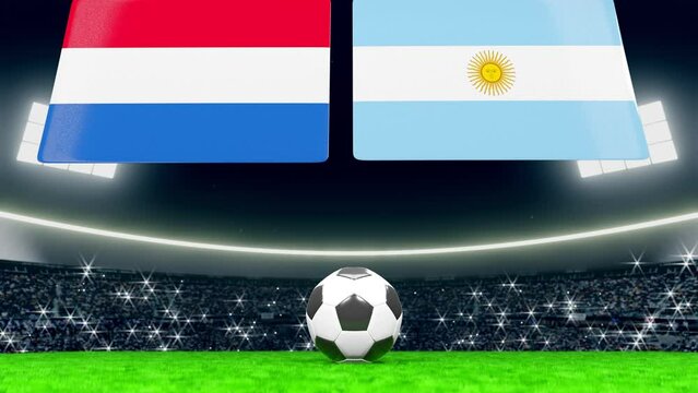 National Flags of Netherlands or Holland and Argentina opening from top. Football or soccer ball on a green field of a floodlit stadium full of crowd flashing cameras. 