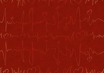 Hand-drawn ornament. Light red on a bright red background, with vignette of same pattern in golden glitter. Hearts and ribbons in cardiogram style. Paper texture. Digital artwork, A4. (pattern: pv03a)