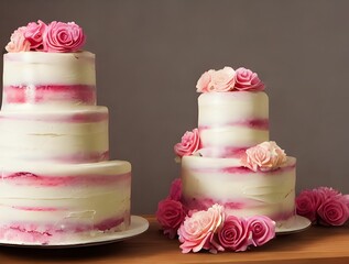 Beautiful shot of layered cakes decorated with rose flowers isolated on a brown background