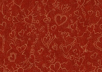 Hand-drawn unique abstract symmetrical seamless gold ornament with splatters of golden glitter on a bright red background. Hearts and ribbons. Paper texture. Digital artwork, A4. (pattern: pv01a)