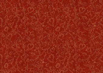 Hand-drawn unique abstract symmetrical seamless gold ornament with splatters of golden glitter on a bright red background. Hearts and ribbons. Paper texture. Digital artwork, A4. (pattern: pv01b)
