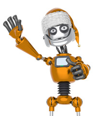 robot santa claus waving hi five with thumbs up