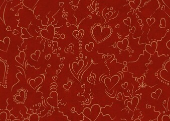 Hand-drawn unique abstract symmetrical seamless gold ornament on a bright red background. Hearts and ribbons. Paper texture. Digital artwork, A4. (pattern: pv01a)