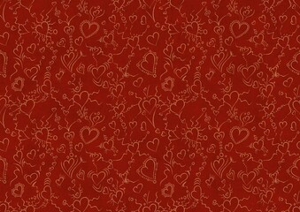 Hand-drawn unique abstract symmetrical seamless gold ornament on a bright red background. Hearts and ribbons. Paper texture. Digital artwork, A4. (pattern: pv01b)